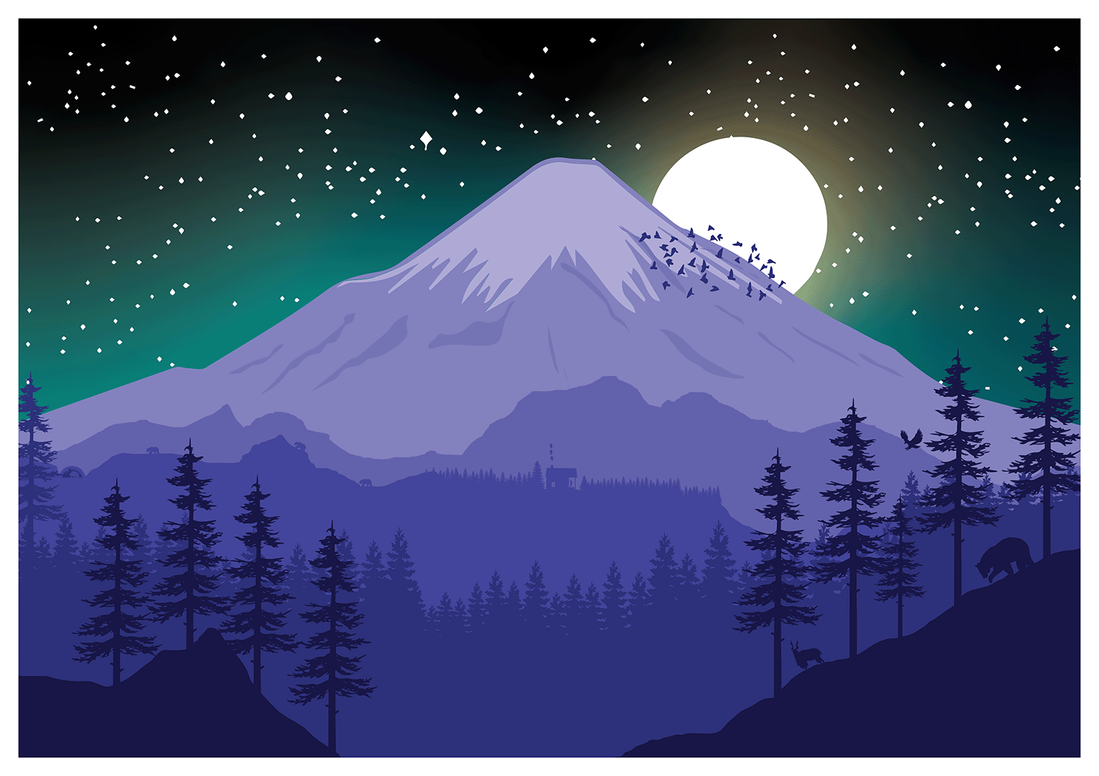 Painting of a mountain with moon rising behind it and pine trees in the foreground
