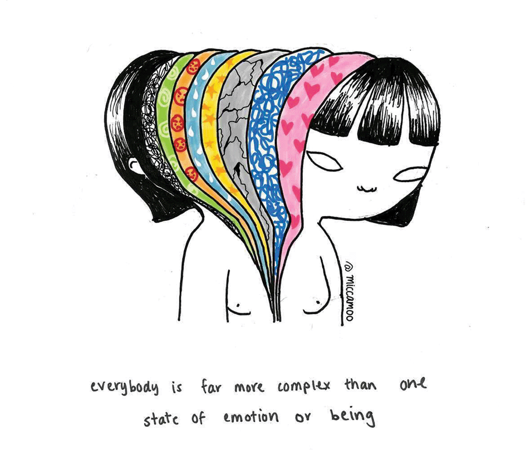 Cartoon style image of a person with multiple shapes making up their head. Text reads: everybody is far more complex than one state or emotion of being
