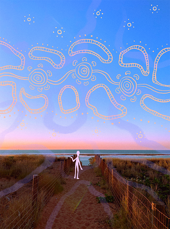 Photograph of a beach in low light with a figure and Aboriginal painting symbols in the sky
