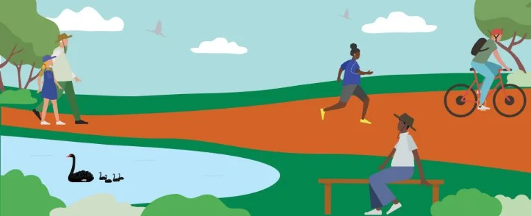 Mental Health and Alcohol and Other Drugs Strategy 2026-2031 graphic of people in nature.