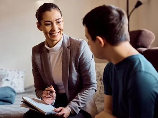 Happy psychologist talks to man while visiting him at home.