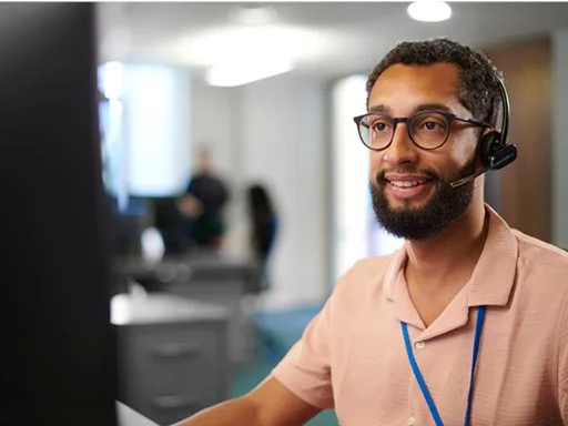 A counsellor on a support call, through a headset whilst taking notes on a computer.