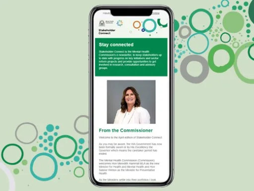 mobile phone showing a stakeholder connect e-newsletter.