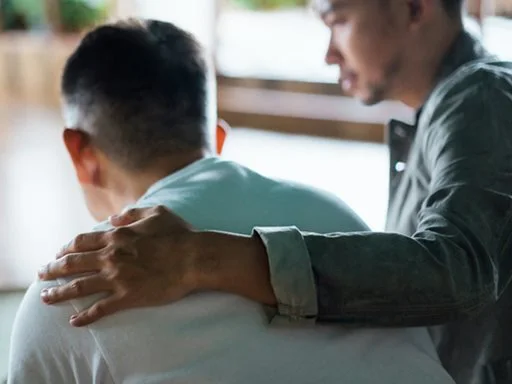 Someone putting their hand on another persons back in emotional support. 