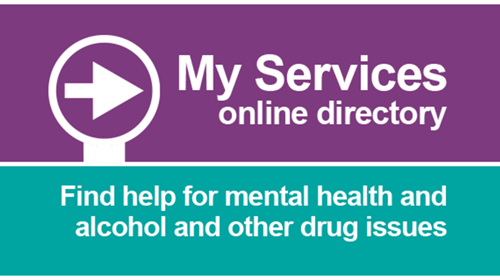 Arrow graphic and text - My Services online directory. Find help for mental health and alcohol and other drug issues