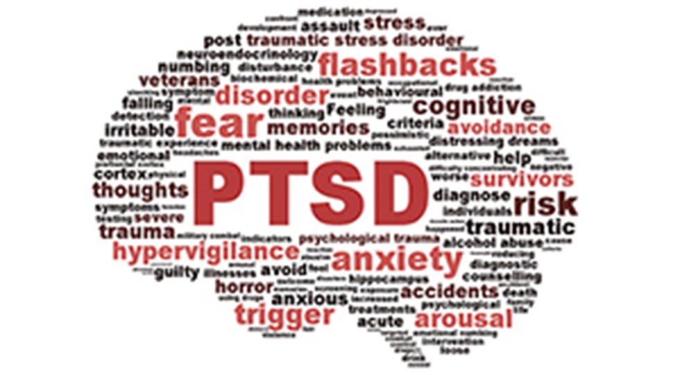 Word cloud with PTSD in the centre of a brain shape