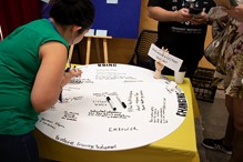 A person writing on a large piece of paper at a workshop