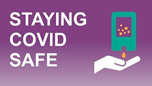 Staying COVID Safe - purple graphic with hand sanitizer icon and hand underneath