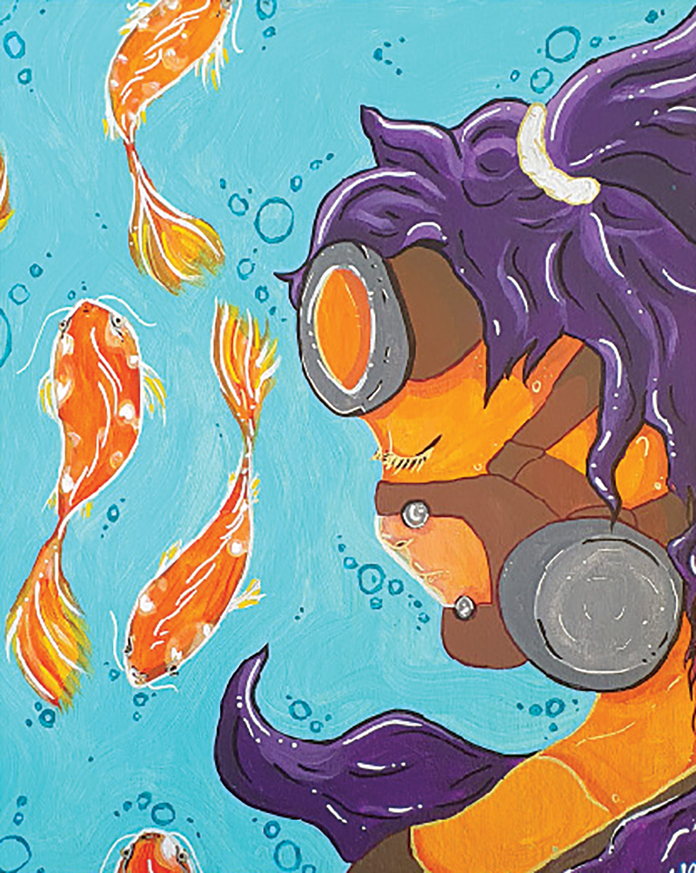 Painting of a person in a scuba mask underwater with some orange fish