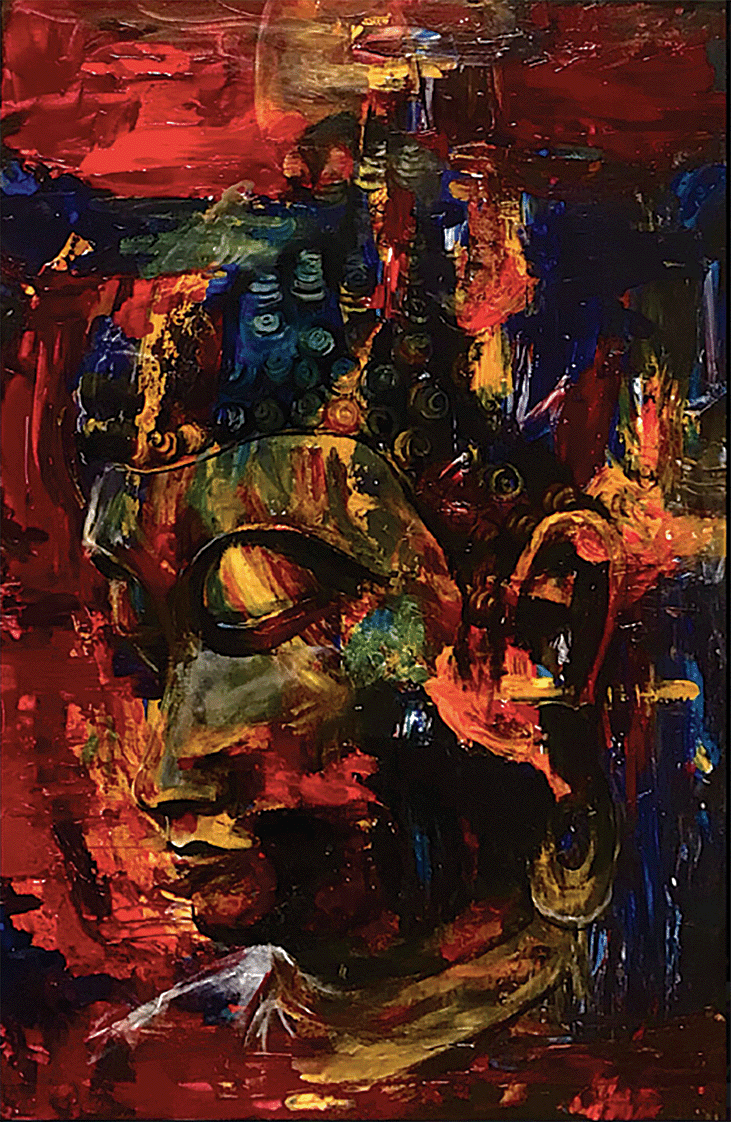 Painting - semi abstract head painted in red, black and dark blue tones
