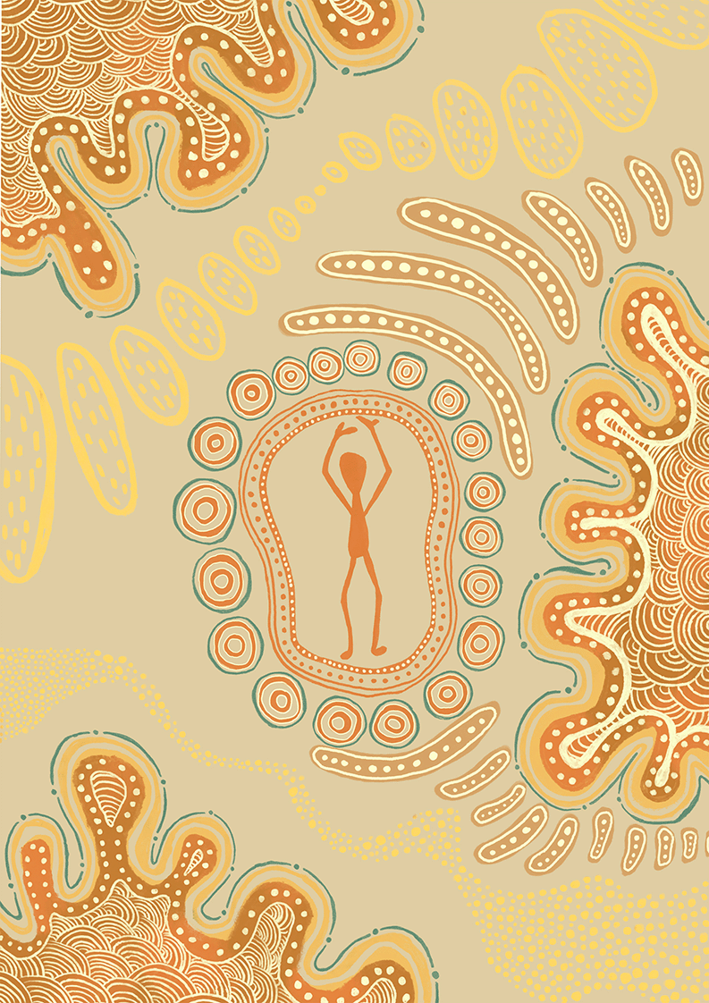 Contemporary Aboriginal art in yellow, orange and brown tones with central human figure