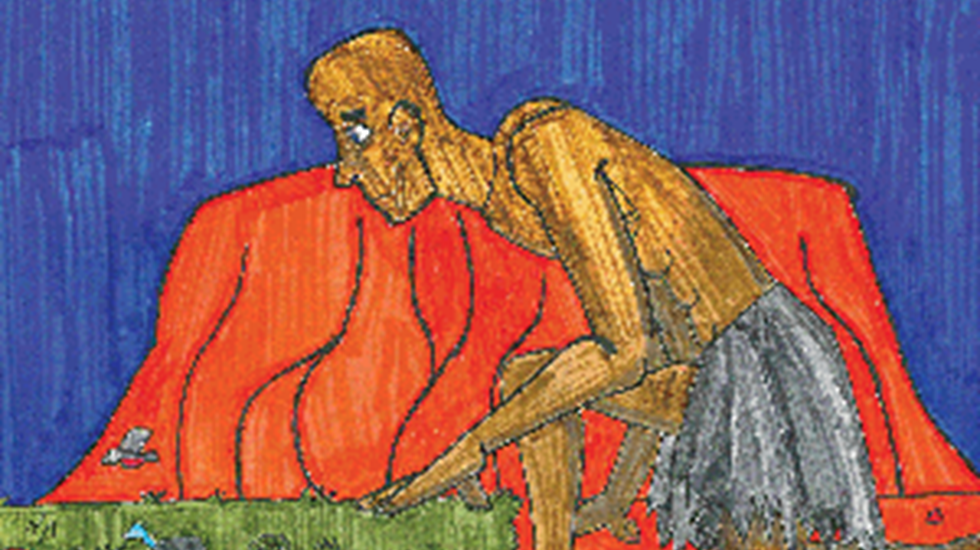 Coloured artwork of an Aboriginal man near Uluru