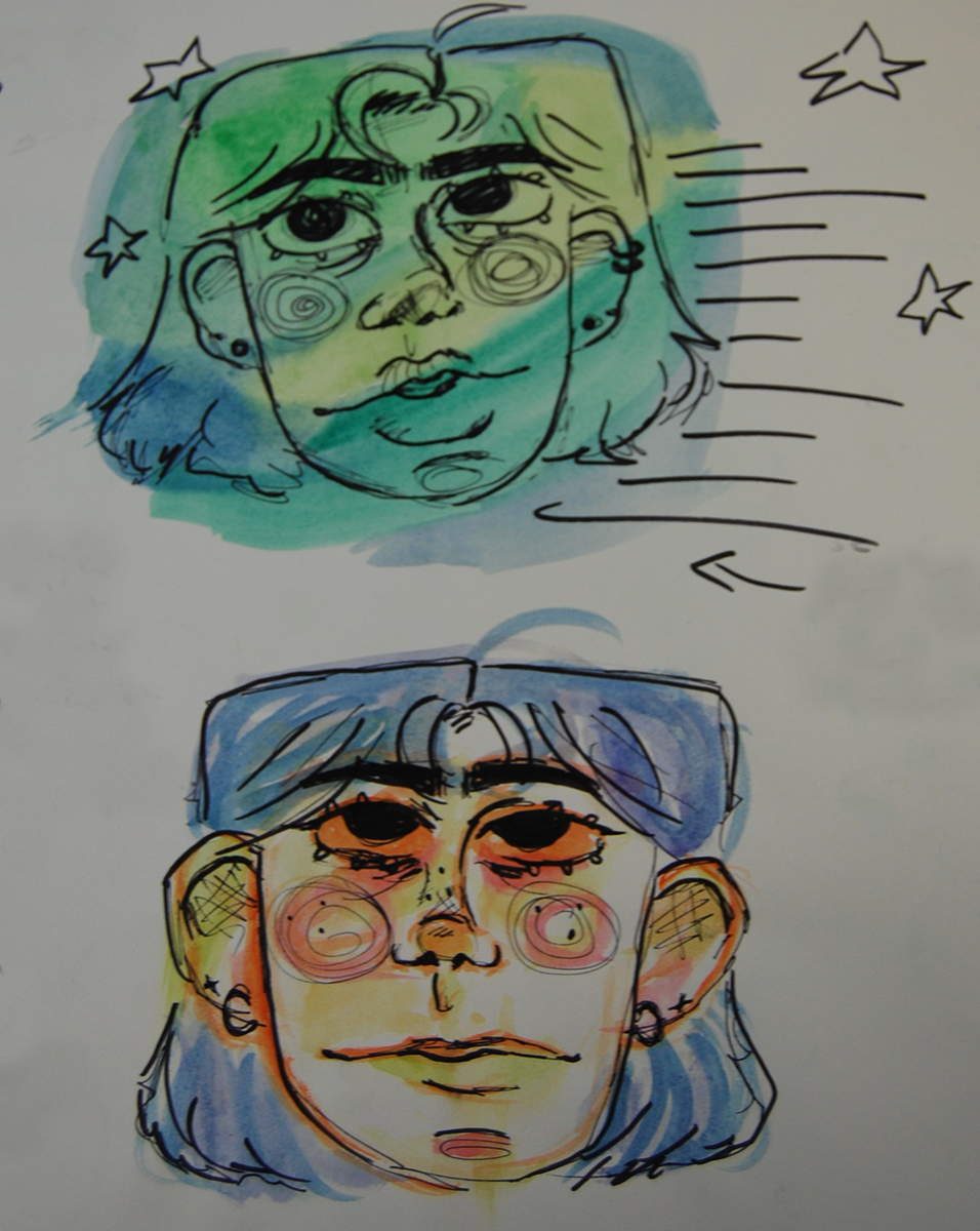2 colour sketches of a young person 