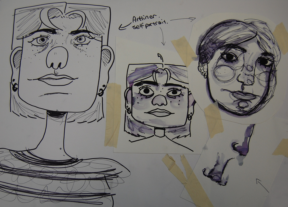 A sketch book page with three portraits of young people