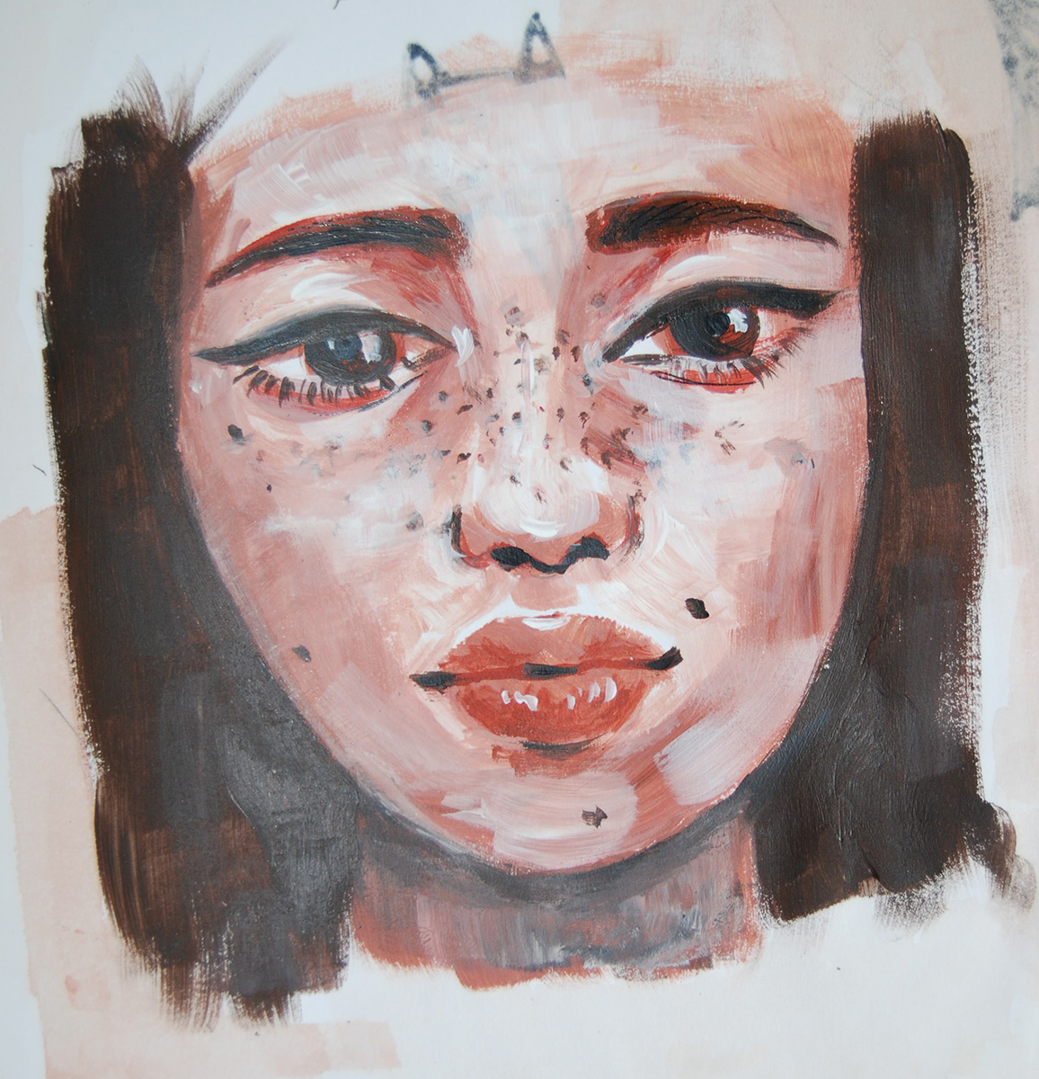incomplete painting of the head of a young woman with dark hair