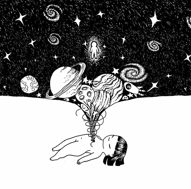 Drawing of a figure lying on the ground surrounded by dark sky with star and other images