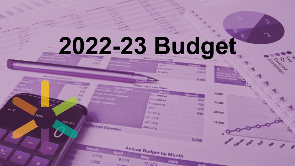 Text reads 2022-23 Budget withimage of a calculator and spreadsheets