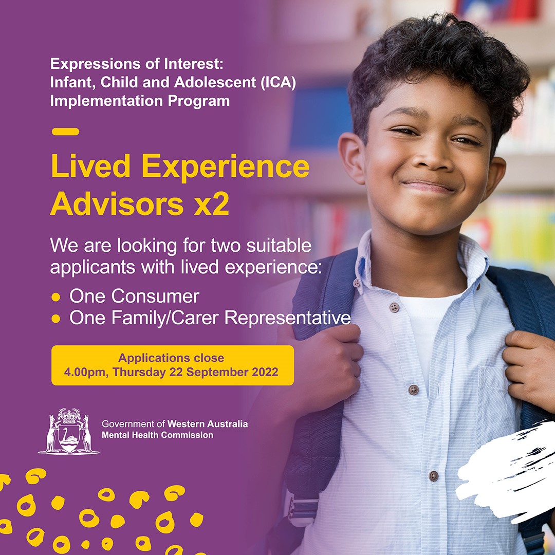 Image of a boy with text: EOI - Lived Experience Advisors x 2