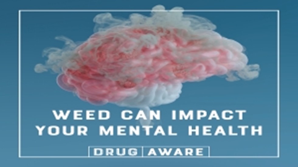 Image of a human brain with text: Weed can impact your mental health. Drug Aware logo