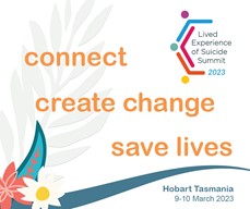 Lived Experience of Suicide Summit 2023. Text reads: Connect create change save lives