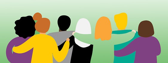 Illustration of 7 people with linked arms