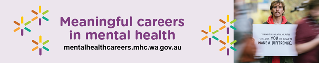 Banner reads:  Meaningful careers in mental health. Image of man holding a sign that reads: Training in mental health will give you the skills to make a difference.