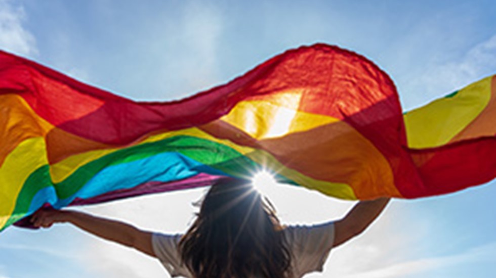 Person holds rainbow flag up above their head and it gently moves in the breeze.