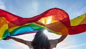 Person holds rainbow flag up above their head. The flag moves gently in the breeze.