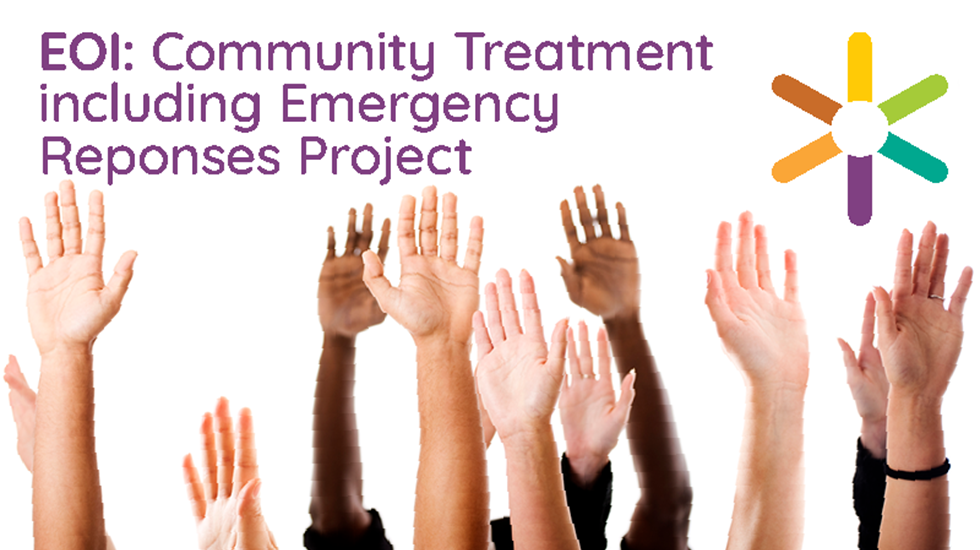 A group of people with their hands in the air. Text reads: EOI Community treatment including Emergency Response Project