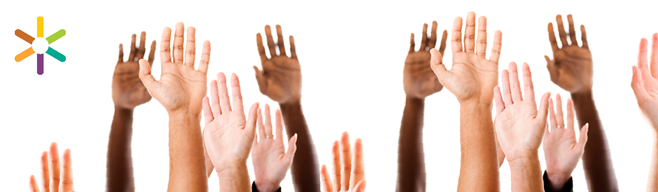 Group of hands in the air, with a Mental Health Commission star logo