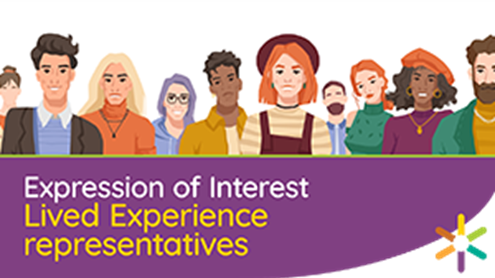 Drawing of a group of people with text: Expression of Interest: Lived Experience representatives